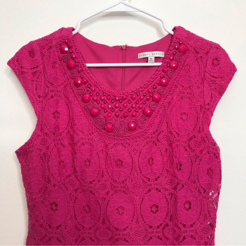 Sandra Darren Fuchsia Pink Lace Embellished Dress Sz 8P - Picture 2 of 11